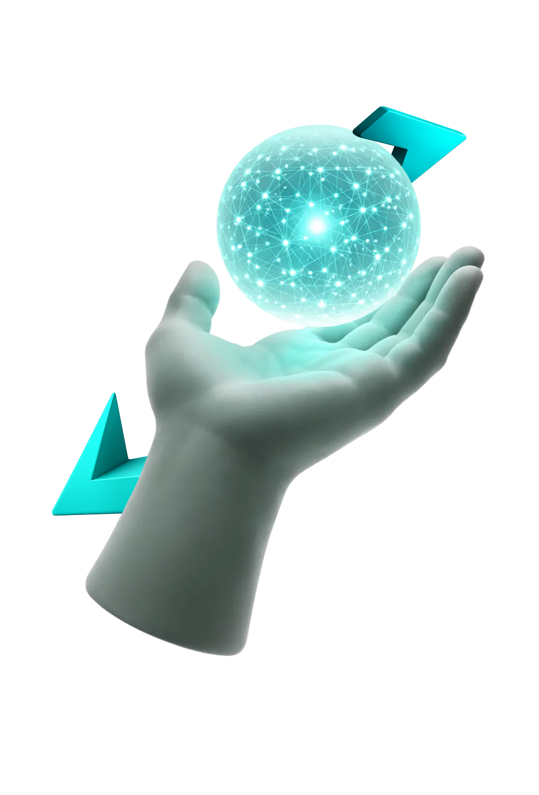 3D illustration of a hand holding a glowing sphere representing human oversight of AI systems.