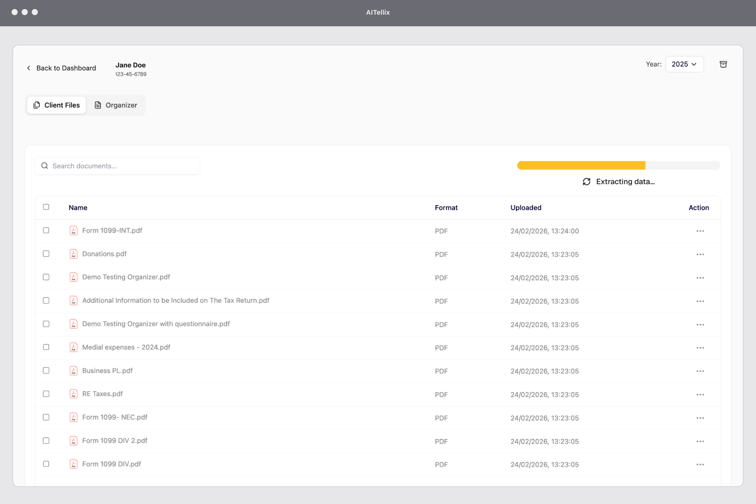 Client file list with PDFs while AI extracts tax data for the selected year.