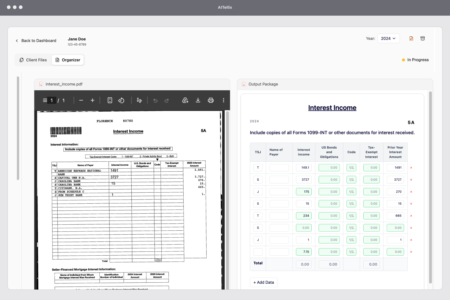 Tax review workspace with source PDF on the left and structured organizer data on the right.