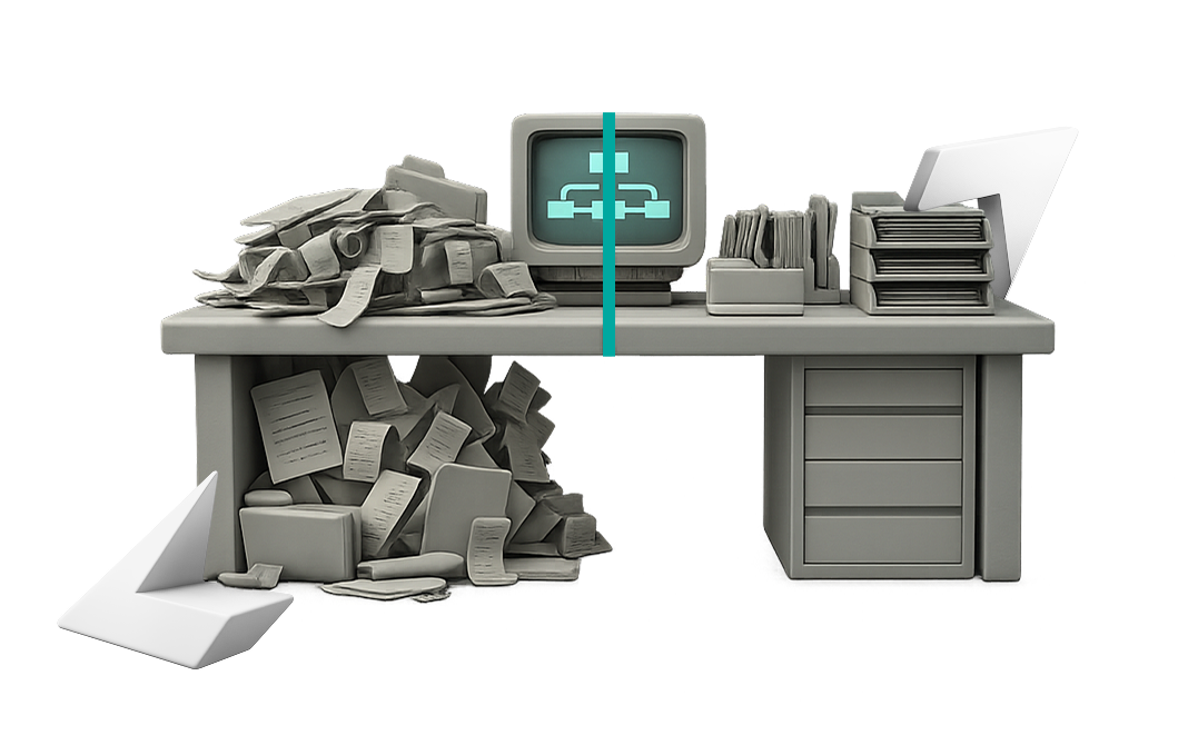 3D illustration of cluttered paperwork transforming into an organized AI-powered desk setup.