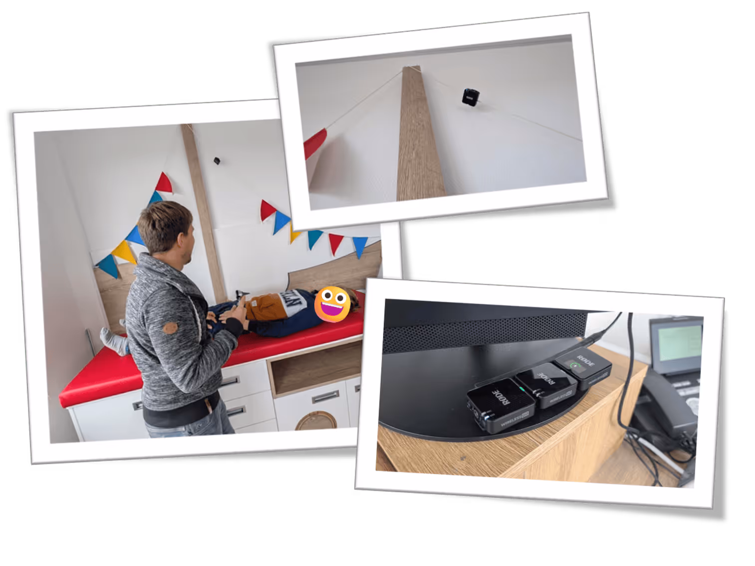 Das Foto zeigt eine Collage aus drei Bildern die das Setup einer Tranksriptions Software zeigen. Also sieht man auf einem Bild ein Closeup der Mikrofone und auf den anderen beiden wie das mikro im Patientenzimmer angebracht wurde und in der praxis funktioniert. Im Raum sind der Arzt und das Kind welches er untersucht liegt auf einer Liege. 