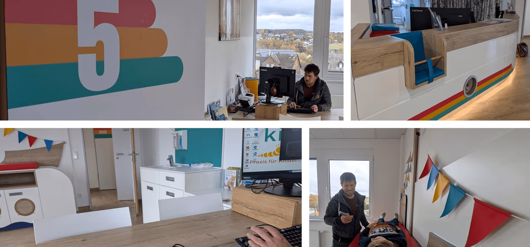 Eine Collage aus 4 verschiedenen Bildern aus einer Kinderarztpraxis. Auf den Bildern kann man den betreiber der Praxis sehen wie er einmal an einem Computer arbeitet und dann im Patientenzimmer mit einem Kind spricht und dieses untersucht. Auf einem Bild sieht man noch den Empfang der Praxis.