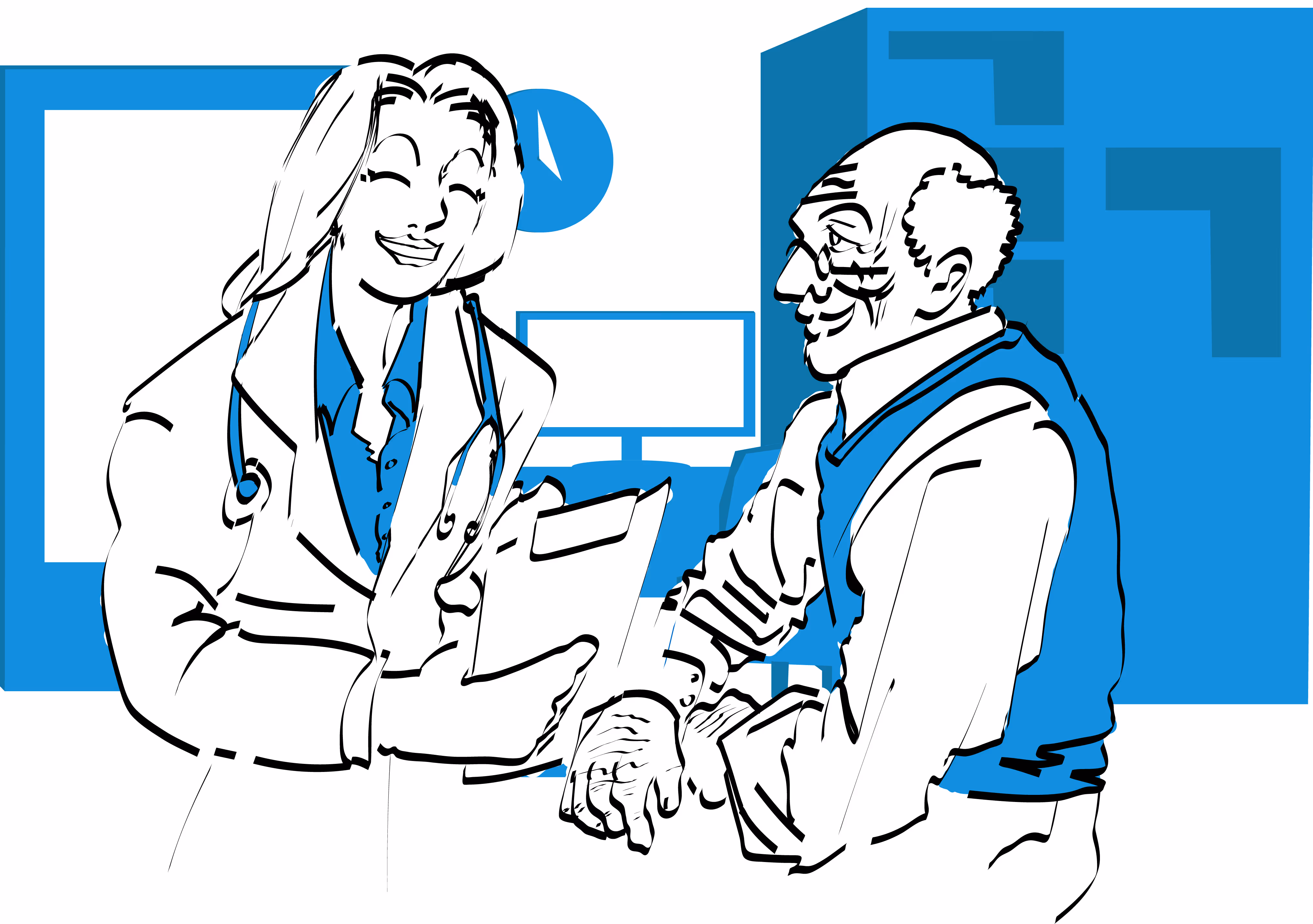 Eine Illustration auf der man eine nette Ärztin mit einem Klemmbrett in der Hand sehen kann, die mit ihrem Patienten in einem Behandlungszimmer spricht. Der Patient ist ein alter Mann mit Brille der aufmerksam zuhört.