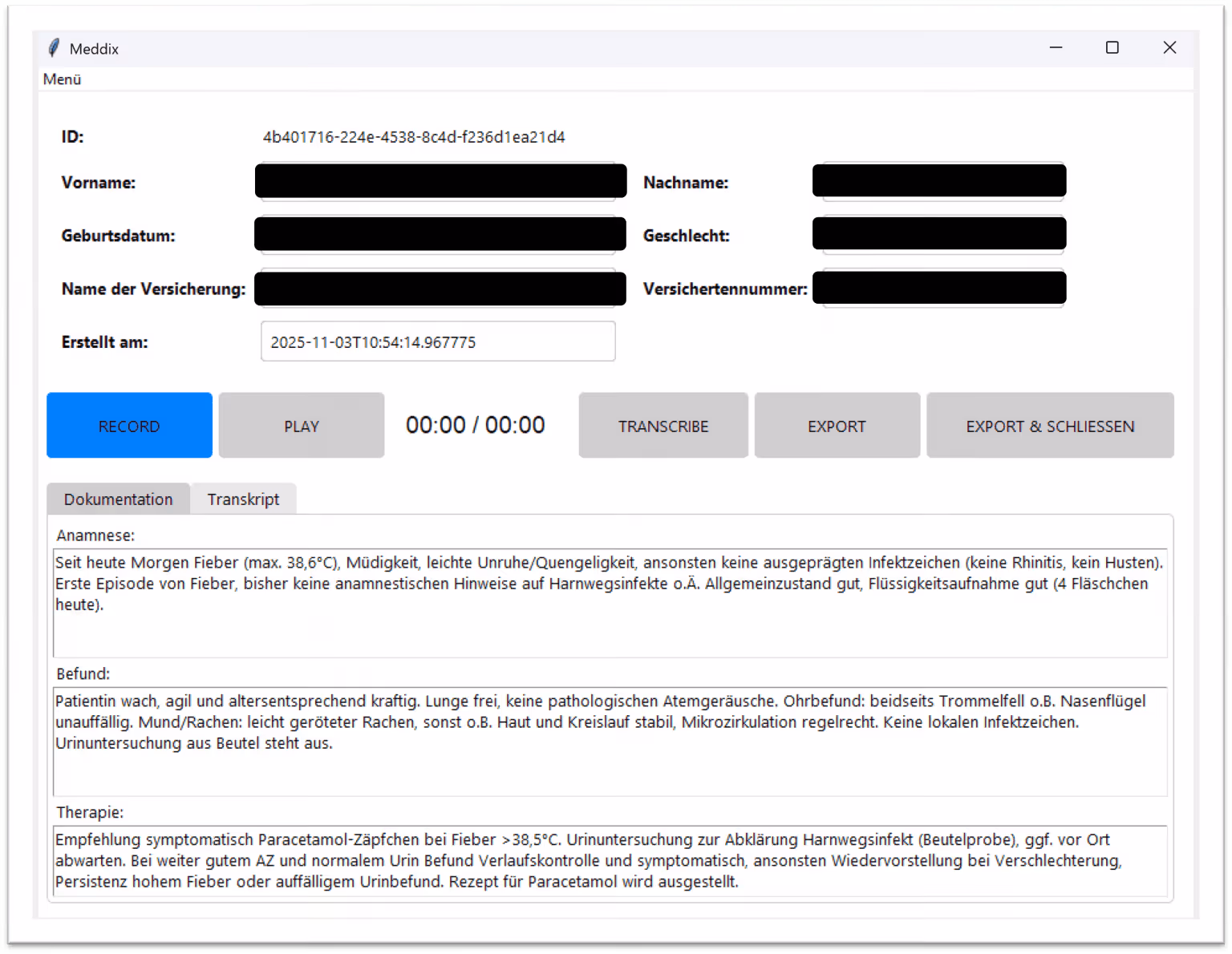 Ein Screenshot einer Software die Transkripte von Arzt-Patienten Gesprächen erstellt. 