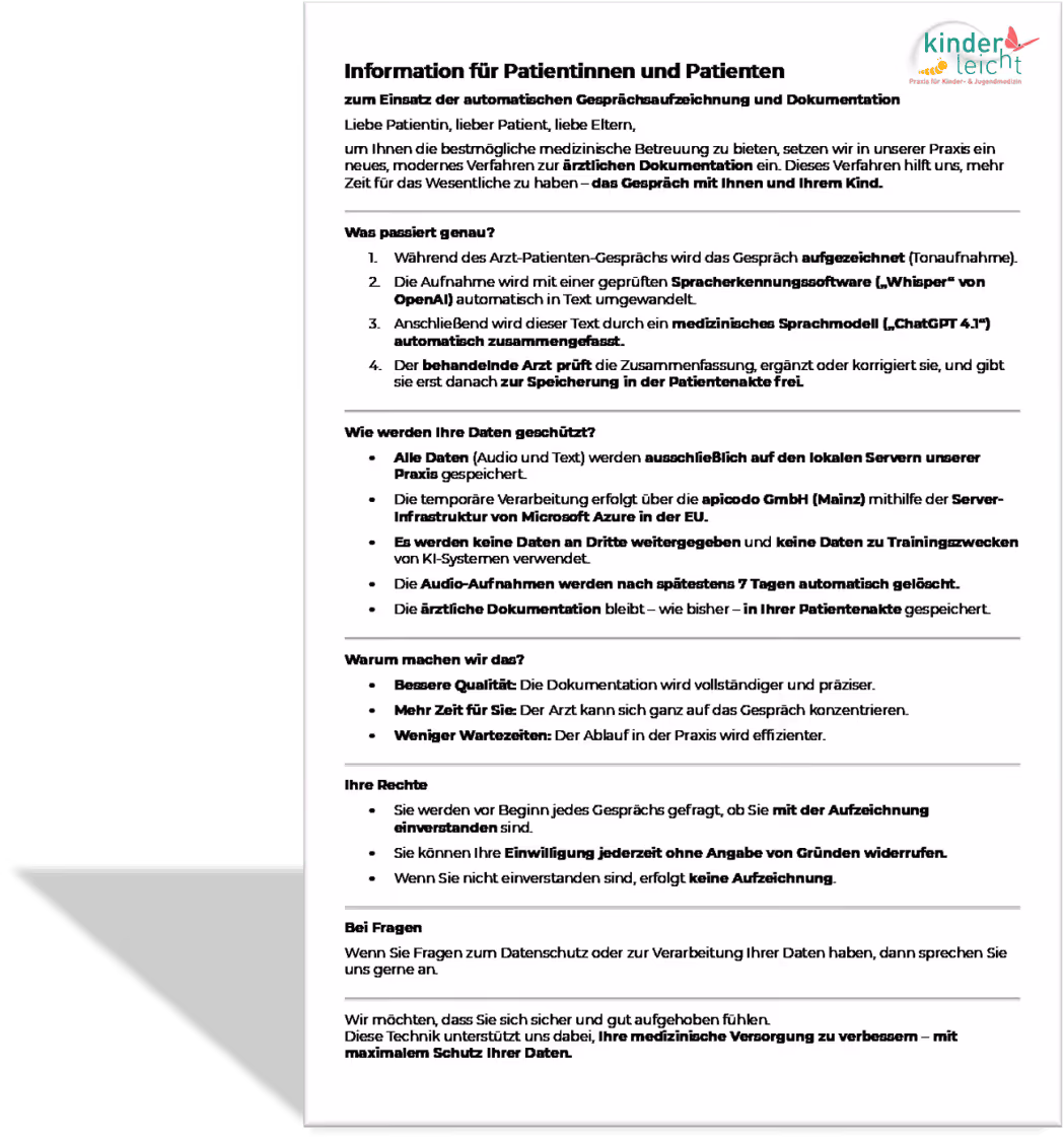 Ein Screenshot eines Info Flyers für Patienten der Arztpraxis die der Arzt betreibt. Es ist ein Datenschutz Formular.