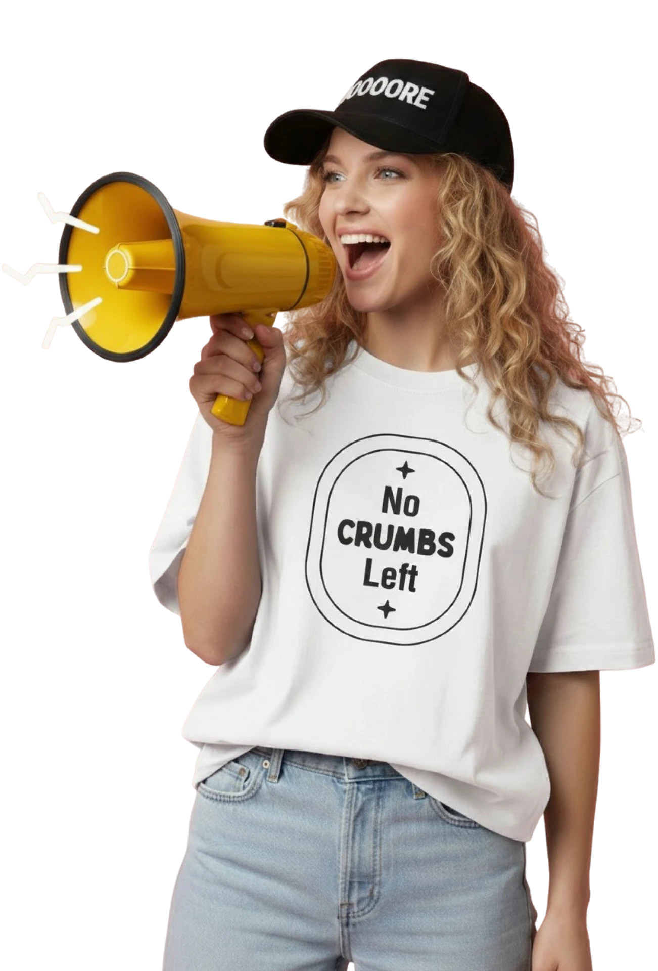 Girl with megaphone shouting Tell them!