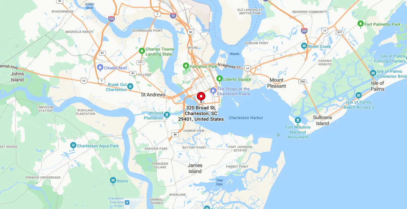 Map showing 320 Broad St, Charleston, SC 29401, near Charleston Harbor and nearby islands.