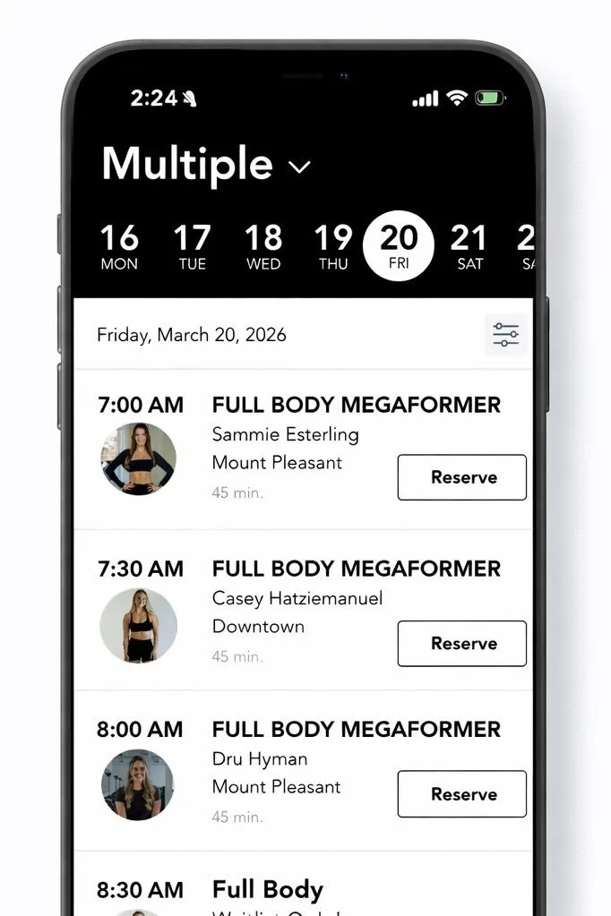 Phone screen showing Full Body Megaformer classes schedule on March 20, 2026 with Reserve buttons.