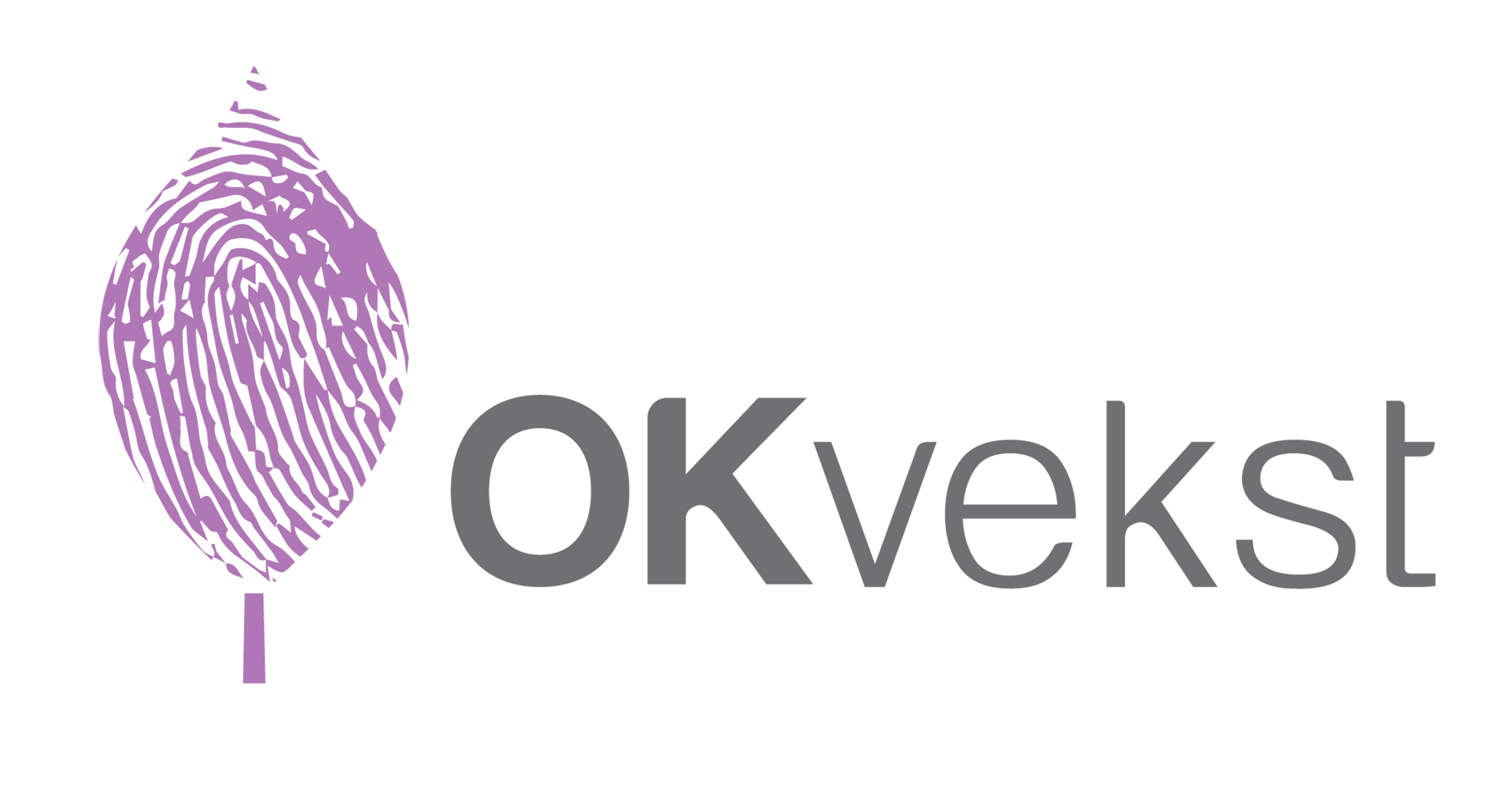 OKvekst logo med et lilla blad laget av fingeravtrykk til venstre for teksten.