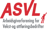 Logo for ASVL, Arbeidsgiverforening for Vekst- og Attføringsbedrifter, with red text and a small human figure icon.