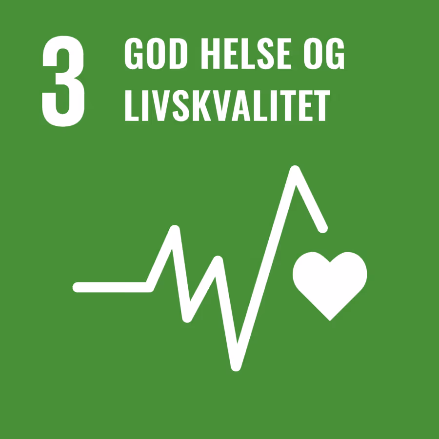 Grønn firkant med nummer 3, tekst 'God helse og livskvalitet', samt hvit hjertesymbol med EKG-linje.