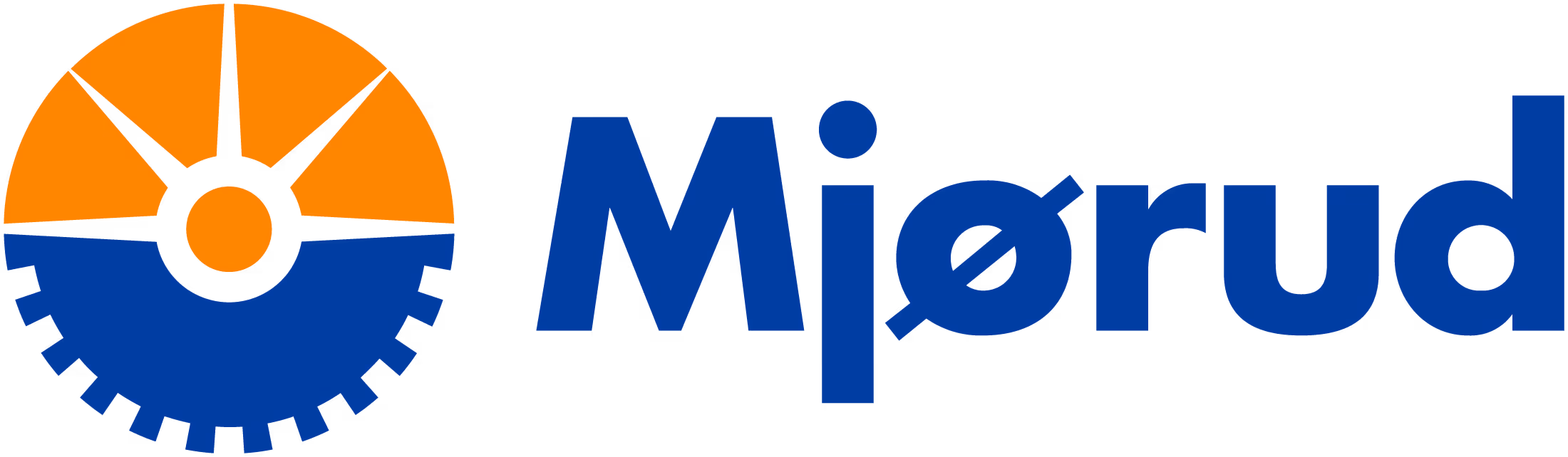 Mjørud-logo med en oransje og blå sirkel og teksten Mjørud i blått.