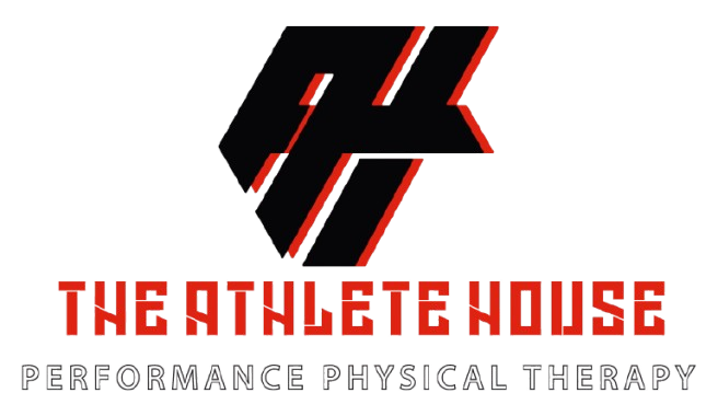 Logo of The Athlete House with stylized black and red initials AH, accompanied by the text 'THE ATHLETE HOUSE' in bold red and 'PERFORMANCE PHYSICAL THERAPY' in black below.