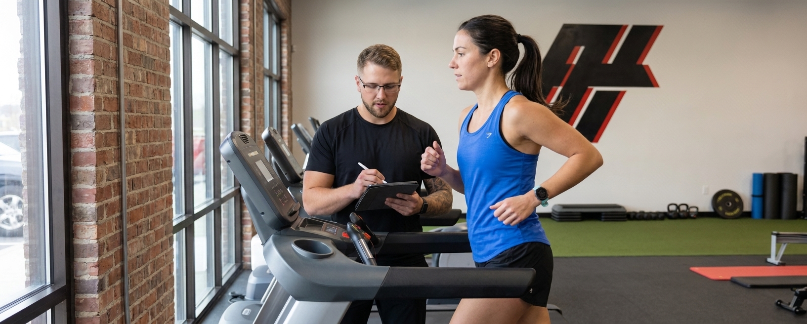 Physical therapist conducting a running gait analysis with an athlete at a sports physical therapy clinic in Nicholasville, KY