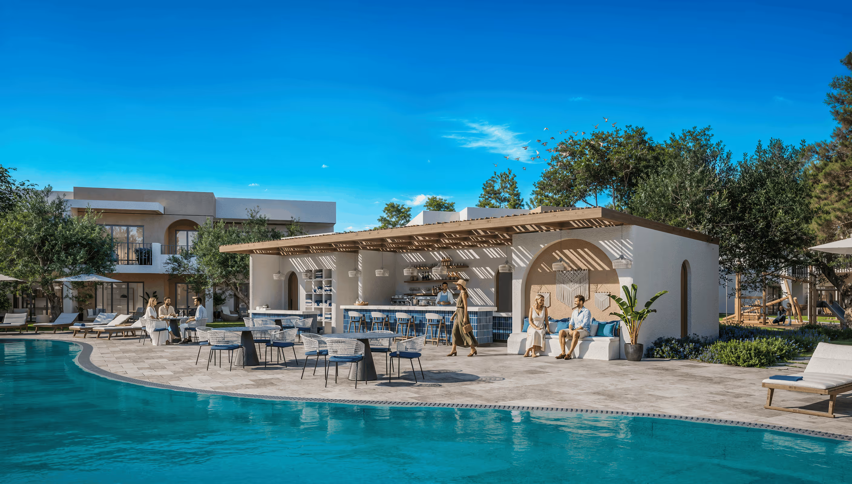 Outdoor poolside seating area with tables, chairs, and a modern bar under a wooden pergola, surrounded by greenery and modern buildings.