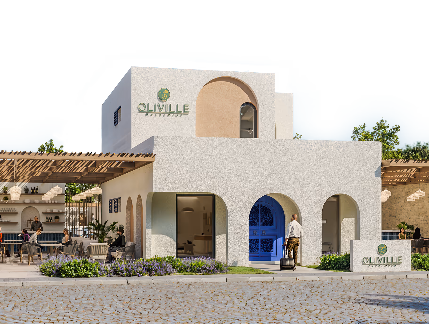 Modern building with white textured walls, blue arched door, outdoor seating area with people, and signage reading 'Oliville' under a clear blue sky.