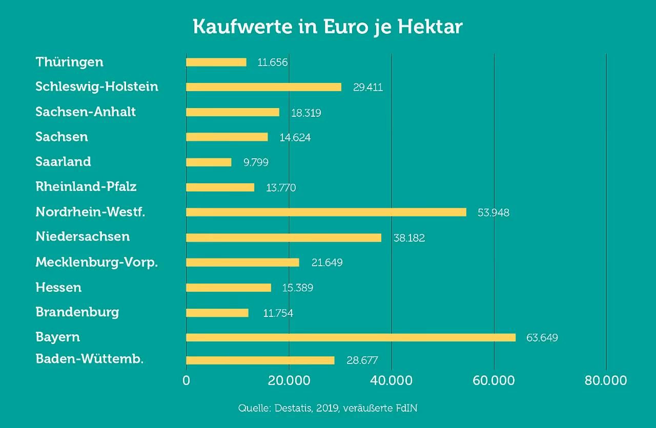 Kaufwerte in Euro je Hektar nach Bundesland