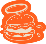 Orange stylized illustration of a burger with lettuce, cheese, and a sesame seed bun.