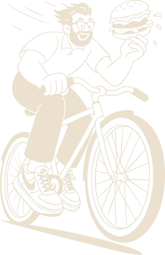 Illustration of a person riding a bicycle while holding a large burger in one hand, smiling and wearing sunglasses.