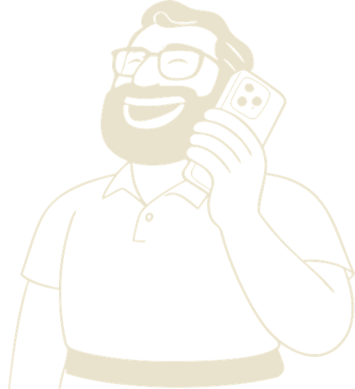 Illustration of a smiling man with glasses and a beard holding a smartphone to his ear.