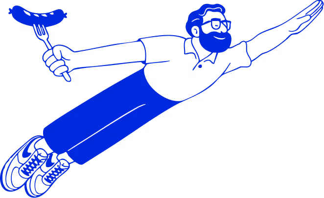 Illustration of a man with glasses and beard flying horizontally, holding a sausage on a fork in one hand and reaching forward with the other.