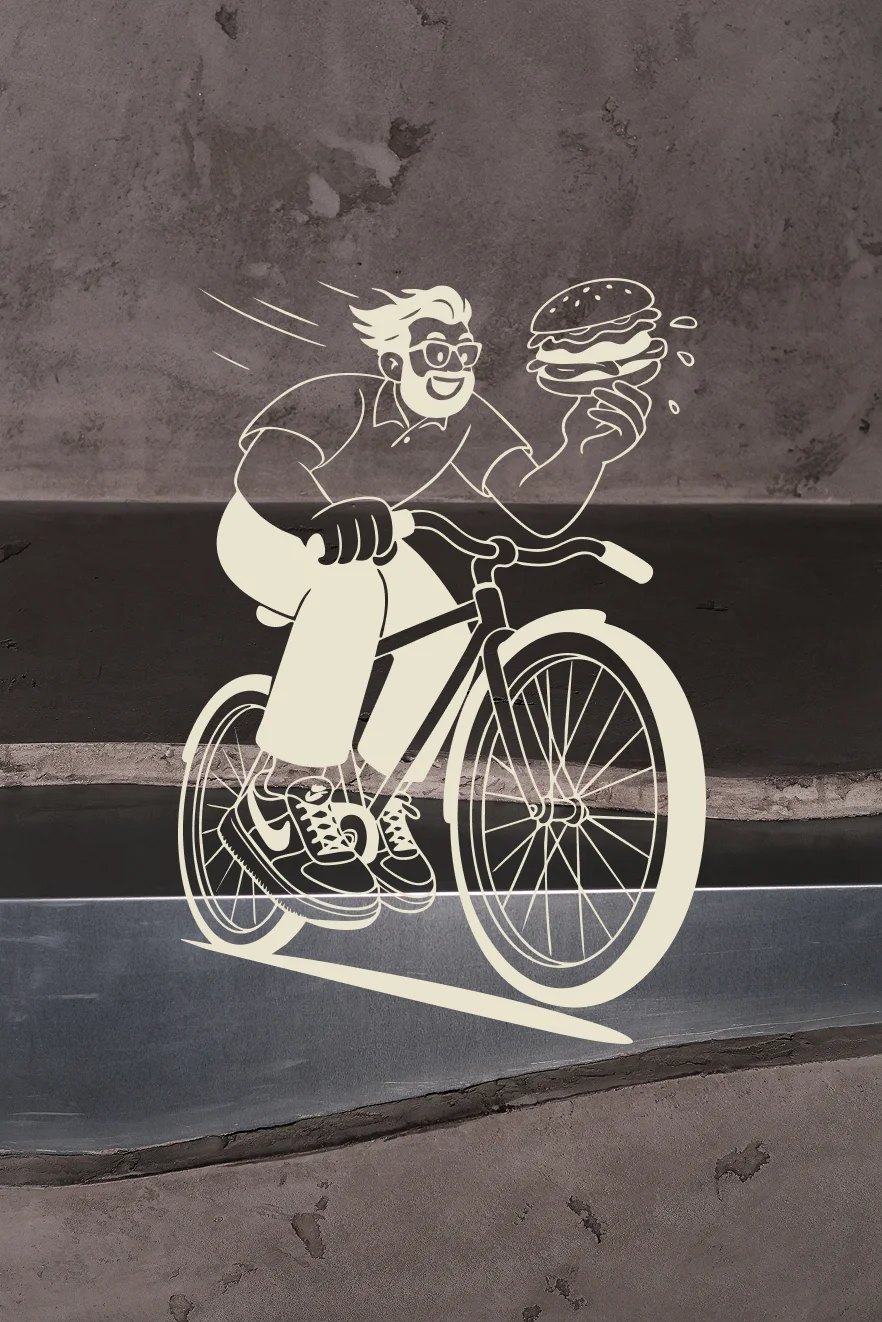 Illustration of a smiling man riding a bicycle while holding a dripping burger in one hand.