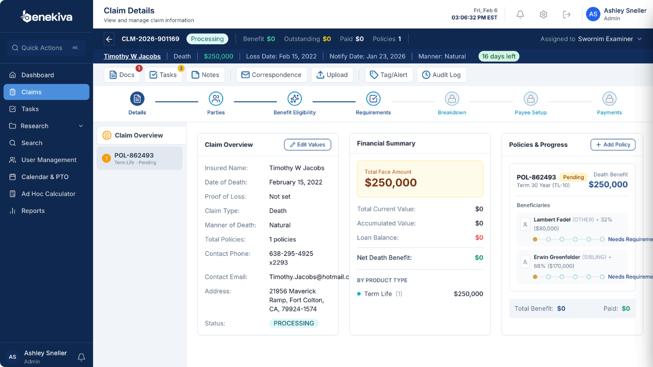 The Benekiva workbench interface within our claims processing software highlighting tools for claims workflow automation and digital claims handling.