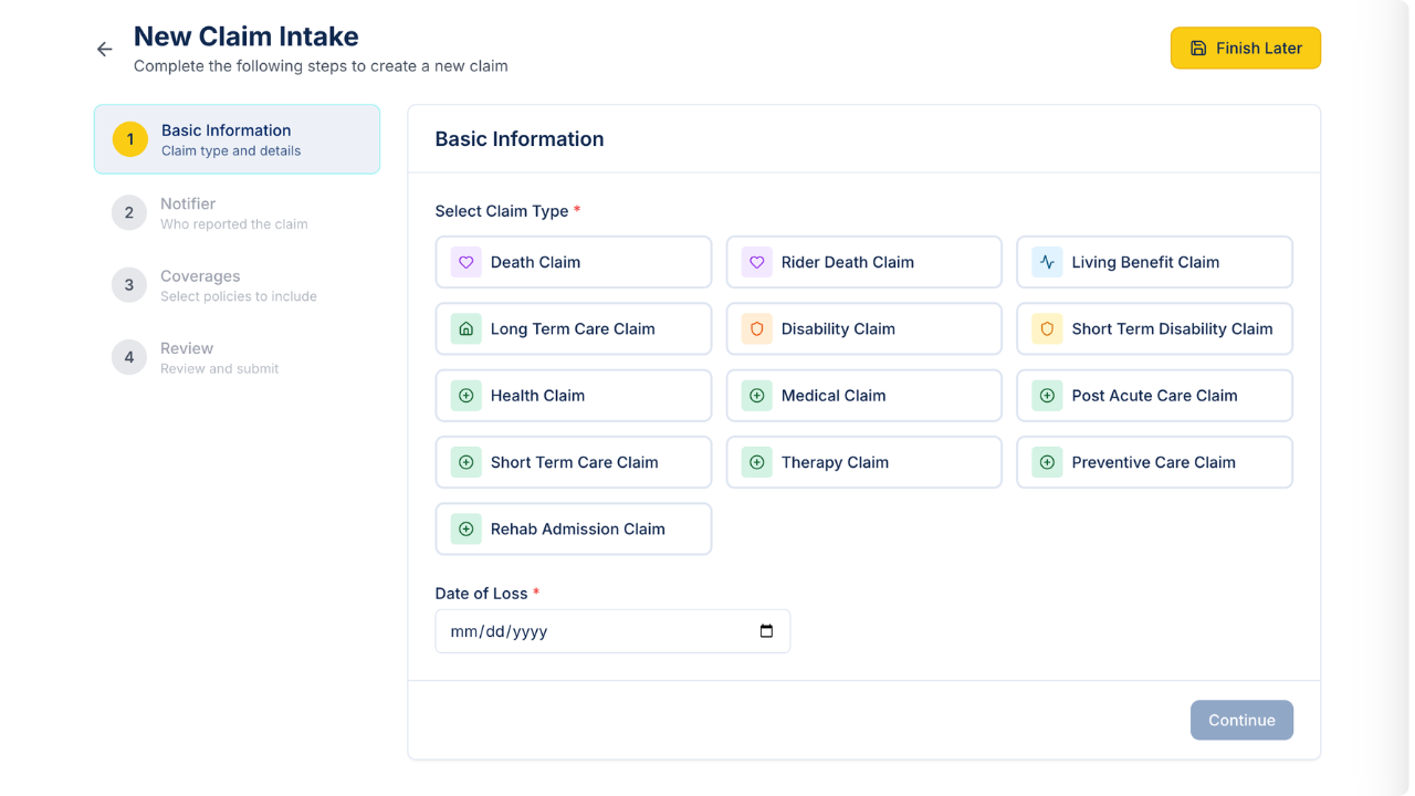 Benekiva digital FNOL dashboard showing automated life insurance claim submission and real-time status tracking for carriers.