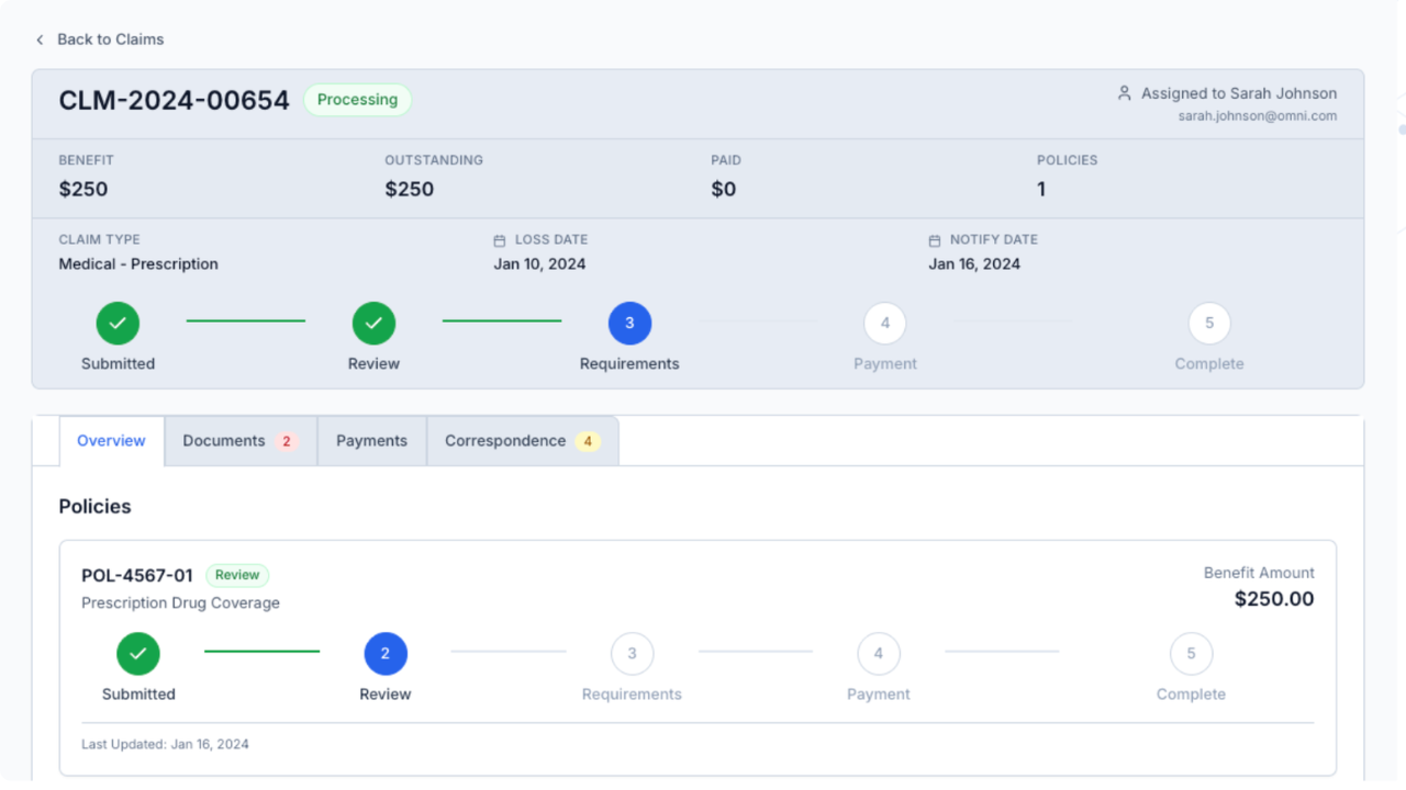 A centralized claims workflow automation screen displaying real-time status updates and document checklists for all stakeholders.