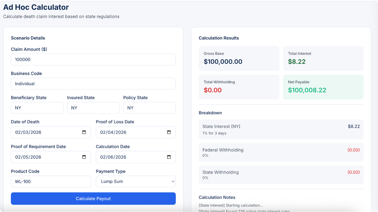 A screenshot of the Benekiva interest calculator interface showing how our claims management system automates complex payout math and ensures financial accuracy.