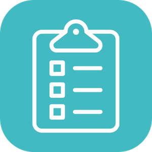 White clipboard icon with three checklist items on a teal rounded square background.