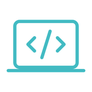 Teal colored laptop icon displaying HTML code symbols.