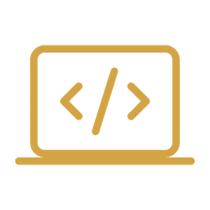 Golden outline of a laptop displaying HTML code tags on screen.