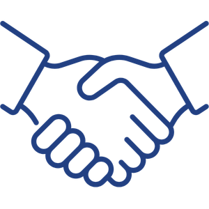 Navy blue line drawing of a handshake symbolizing agreement or partnership.