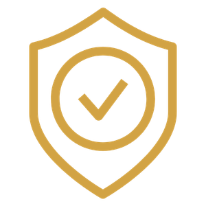 Yellow shield outline with a check mark inside a circle in the center.