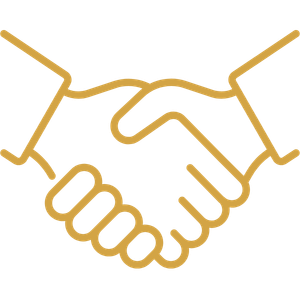 Outlined illustration of two hands shaking in a handshake gesture in yellow color.