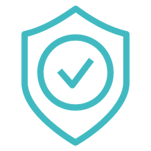 Teal shield icon with a check mark inside, symbolizing security and verification.