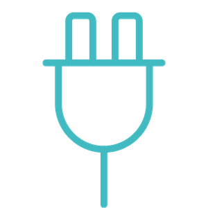 Teal electric plug icon with two prongs and a cord on a white background.