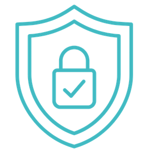 Shield outline with a padlock in the center featuring a checkmark, symbolizing security and protection.