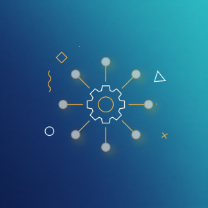 White gear icon connected to eight small white dots on blue gradient background with geometric shapes.