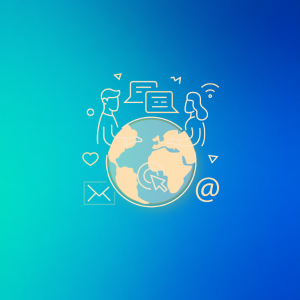 Illustration of two people communicating around a globe with email and chat icons on blue gradient background.