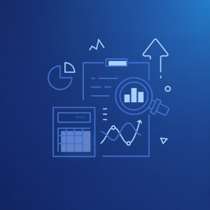 Clipboard with charts, calculator, magnifying glass, pie chart, and an upward arrow icons on blue background.