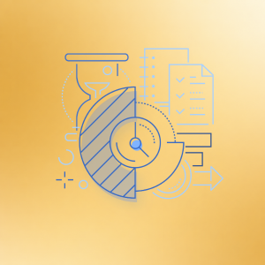 Blue line art of hourglass, pie chart, checklist, and arrow on gold background representing automation workflow.