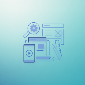 Icons representing web design and development tools including smartphone, magnifying glass, ruler, and browser window.