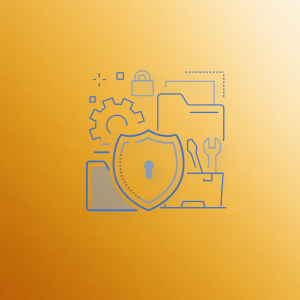 Icons of a shield lock, folder, gear, wrench, and file representing compliance and security.