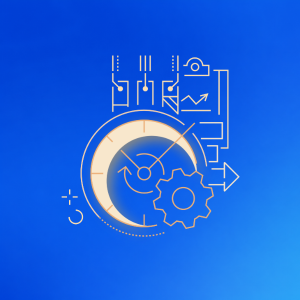 Icons of a shield with a keyhole, folder, gear, lock, laptop, and wrench on a yellow gradient background.