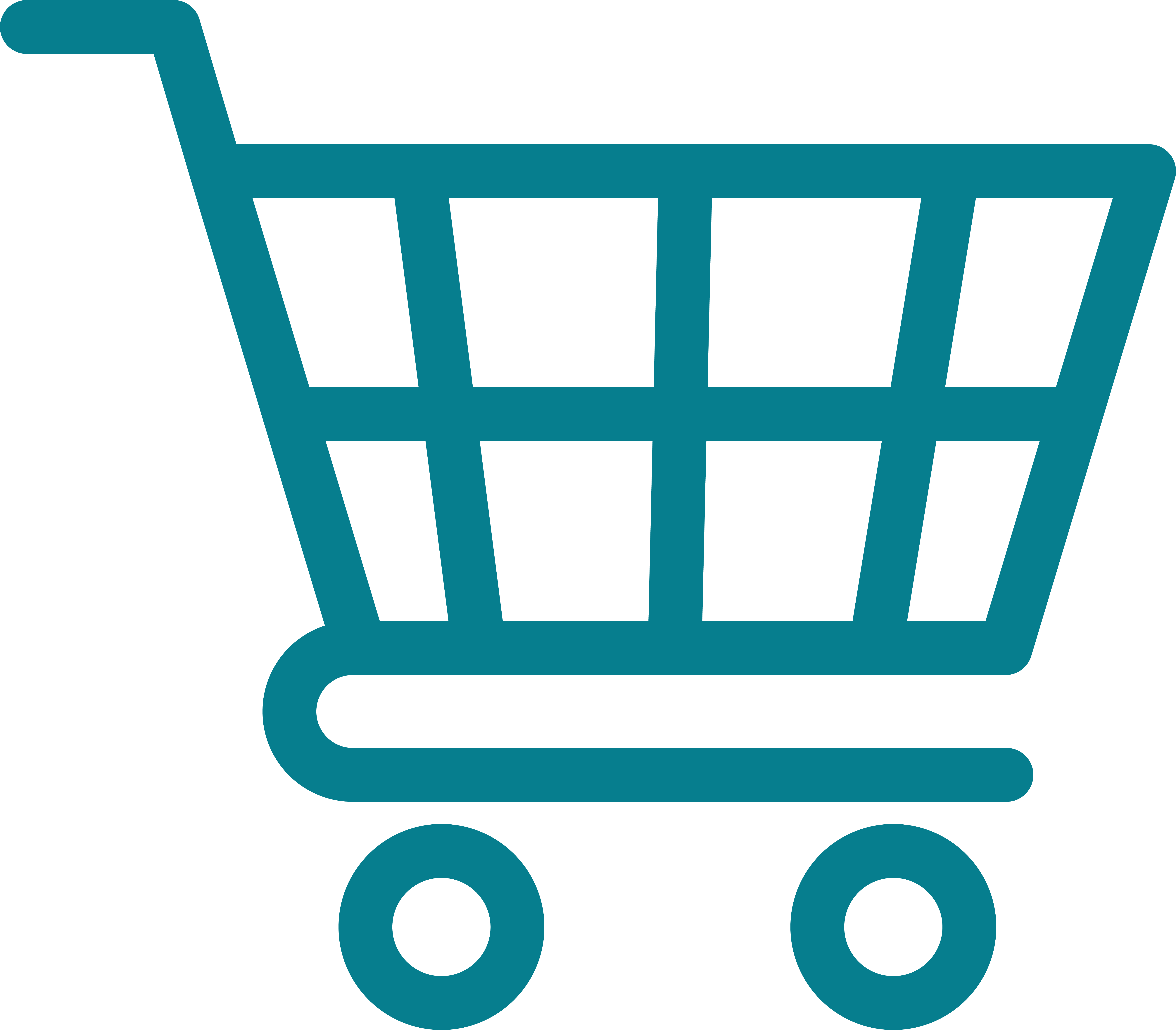 Teal shopping cart icon with grid-style basket on wheels.