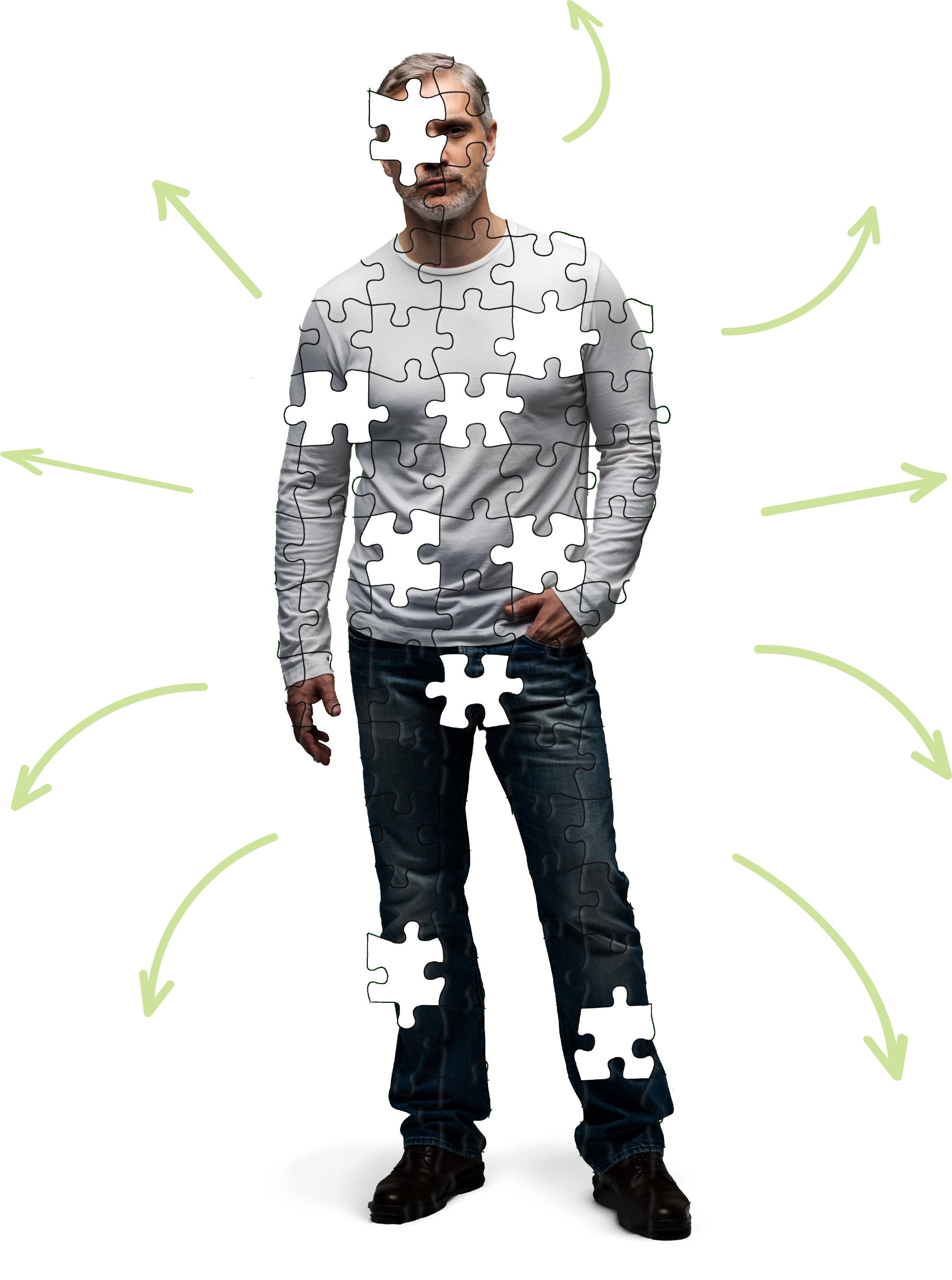 Middle-aged man with gray hair standing, overlaid with a jigsaw puzzle pattern showing missing pieces on head, chest, arm, abdomen, and legs surrounded by arrows.
