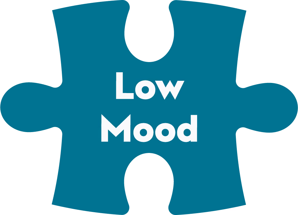 Blue puzzle piece with the words Low Mood in white font.