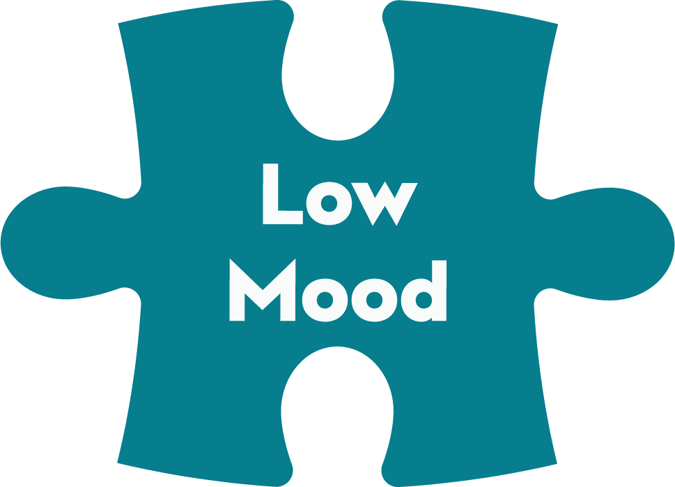 Blue puzzle piece with the words Low Mood in white font.